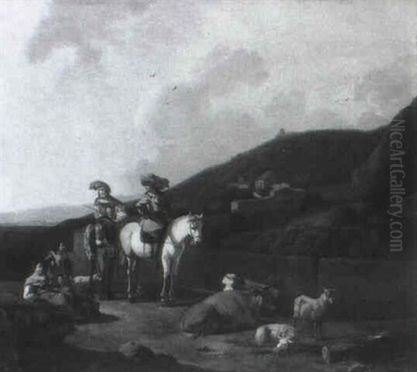 Shepherds Meeting A Hunting Party In An Italianate Landscape - view 1