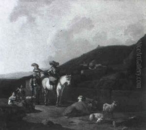 Shepherds Meeting A Hunting Party In An Italianate Landscape by or Huchtenburgh, Jan van Huchtenberg