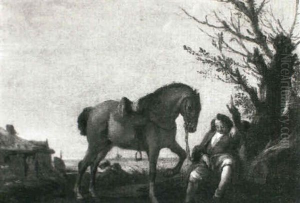 A Rider Sleeping Beside A Blasted Tree At A Roadside, His Horse Tethered At His Side - view 1