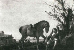 A Rider Sleeping Beside A Blasted Tree At A Roadside, His Horse Tethered At His Side by or Huchtenburgh, Jan van Huchtenberg