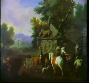 Cavaliers Pres D'une Fontaine by or Huchtenburgh, Jan van Huchtenberg
