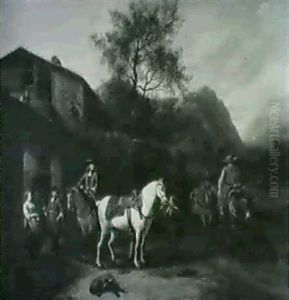 Southern Landscape With Travellers Resting Beside An Inn by or Huchtenburgh, Jan van Huchtenberg