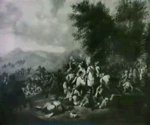A Cavalry Battle Beside A Wood by or Huchtenburgh, Jan van Huchtenberg