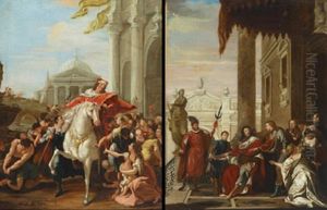 The King And His Court (+ The King Being Blessed By The Throngs; Pair) by Johann Gerhard Huck