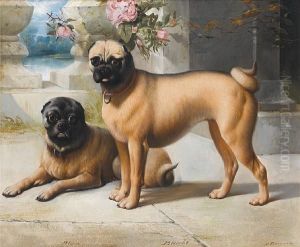 The Pugs 'bloom' And 'blanche' On The Steps Of A Country House by Henry Barraud