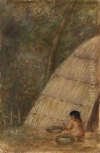 Pomo Indian Child Seated By A Hut