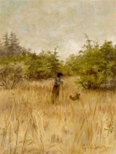 A Woman Walking A Dog In A Field A Woman Walking A Dog In A Field