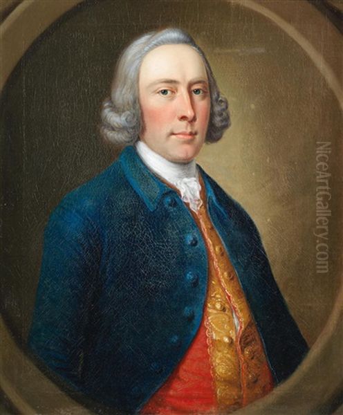 Portrait Of A Gentleman, Bust-length, In A Red Brocade Waistcoat And A Blue Coat, In A Painted Oval - view 1