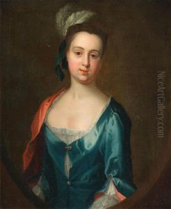 Portrait Of A Lady, Said To Be Lady Howard, Bust-length, In A Blue Dress And Feather Headdress, Within A Painted Oval by Thomas Hudson