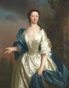 Portrait Of A Lady, Traditionally Identified As Mrs Ewing, Three-quarter-length, In A White Silk Dress And Blue Wrap, Before A Landscape In A Carved Chippendale Frame