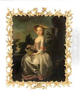 Portrait Of Albinia Bertie As A Young Girl, Seated In A Landscape Holding A Basket Of Doves, A Spaniel At Her Feet In An Exceptional Carved And Gilt English Rococo Frame