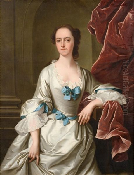 A Portrait Of A Lady, Three Quarter Length In A White Satin Dress Trimmed With Blue Ribbon - view 1