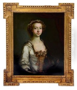 Portrait Of A Lady With Brown Curly Hair Wearing A Lace Trimmed Headdress