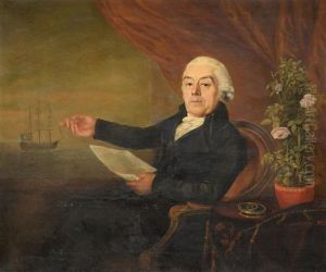 Portrait Of A Gentleman Wearing A Black Suit, Powdered Wig And Holding A Document Whilst Pointing To A Masted Ship At Sea Beyond