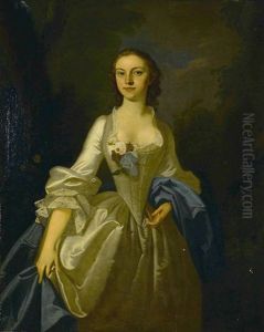 A Portrait Of A Lady In A White Gown, Three-quarter-length by Thomas Hudson
