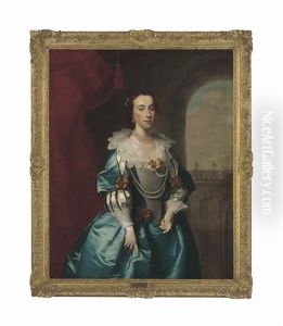 Portrait Of A Lady, Three-quarter-length, In A Blue Dress, Wearing Pearls by Thomas Hudson