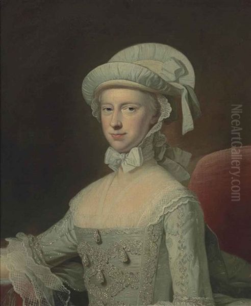 Portrait Of A Lady, Half-length, In A White Embroidered Lace-trimmed Dress And A Bonnet, Seated In An Interior - view 1