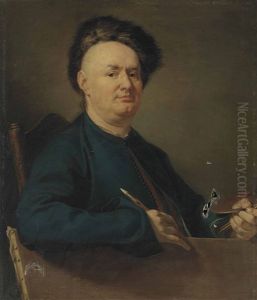 Portrait Of Joseph Van Aken (1709-1749), Half-length, In A Blue Jacket And A Fur Hat, Holding A Palette, His Right Arm Resting On A Canvas