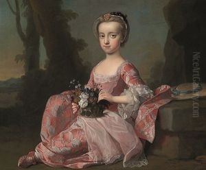 A Portrait Of A Young Girl Sitting In A Park Holding A Basket Of Flowers by Thomas Hudson