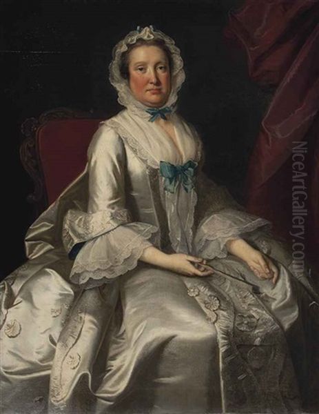 Portrait Of A Lady, Seated, Three-quarter Length, In A White Dress With Blue Ribbons, Holding A Fan - view 1