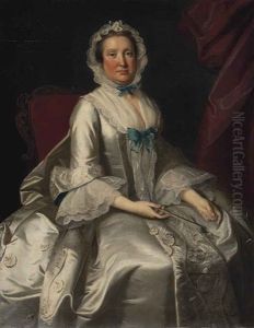 Portrait Of A Lady, Seated, Three-quarter Length, In A White Dress With Blue Ribbons, Holding A Fan by Thomas Hudson