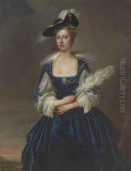 Portrait Of Elizabeth Dunch, Later Lady Oxenden, Three-quarter-length, Wearing A Blue Dress And Black Hat And Holding A White Feather Plume - view 1