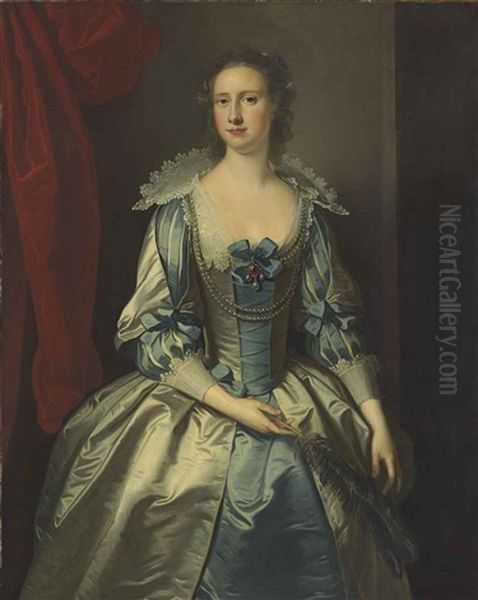 Portrait Of A Lady, Possibly Mrs. Fryer, Three-quarter-length, Holding A Feather - view 1