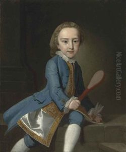 Portrait Of A Child, Three-quarter-length, With A Badminton Racquet And Shuttlecock, A Column Beyond