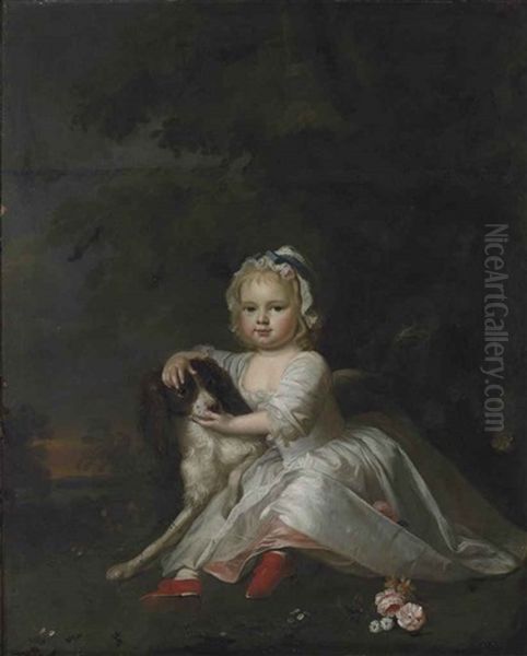 Portrait Of Catherine Legge (1741-1819), As A Child, Seated Full-length, In A White Dress And Cap, With A Spaniel, In A Landscape - view 1