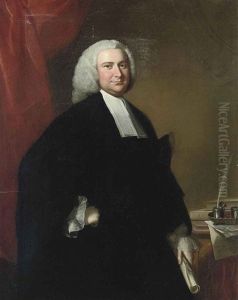 Portrait Of A Cleric, In Robes, Holding A Scroll, Standing By A Table by Thomas Hudson