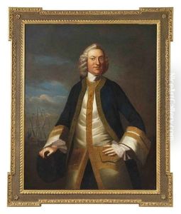 Portrait Of A Gentleman Captain Thomas Lake?) In A Gold Embroidered Blue Coat And White Waistcoat, His Hand Resting On A Cannon, In A Landscape...