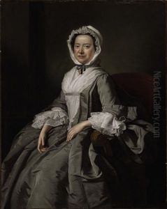 Portrait Of A Lady In A Grey Silk Dress And White Bonnet by Thomas Hudson