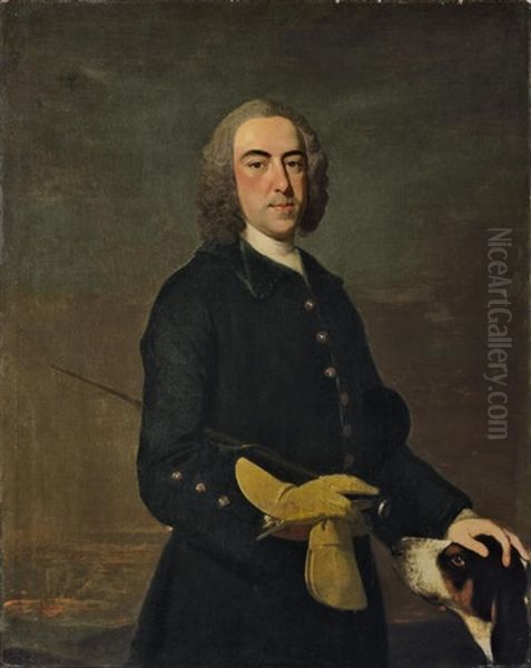 Portrait Of A Gentleman In A Green Coat, Holding A Riding Crop, With A Hound By His Side, In A Landscape - view 1