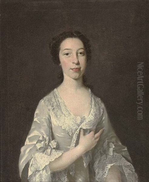Portrait Of A Lady In An Oyster Satin Dress With Lace Trim, Pearls In Her Hair - view 1