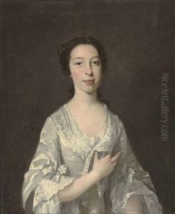 Portrait Of A Lady In An Oyster Satin Dress With Lace Trim, Pearls In Her Hair by Thomas Hudson