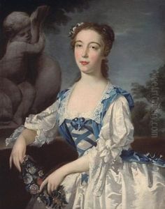 A Portrait Of A Lady, Three-quarter Length In A White Dress With Blue Ribbons Holding A Bouquet Of Flowers by Thomas Hudson