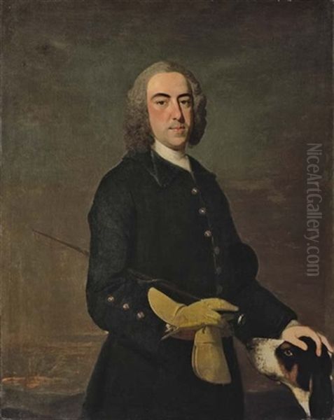 Portrait Of A Gentleman, In A Green Coat, Holding A Riding Crop, With A Hound By His Side, In A Landscape - view 1