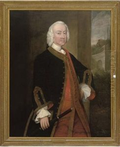 Portrait Of A Gentleman In Naval Uniform, A Telescope In His Right Hand, A Classical Arcade Beyond by Thomas Hudson