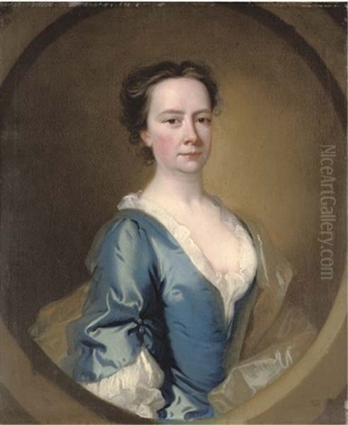 Portrait Of A Lady In A Blue Dress And White Chemise - view 1