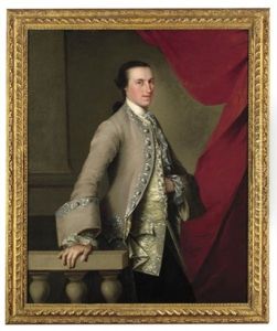Portrait Of A Gentleman, Three-quarter-length, In A Grey Coat With An Elaborately Embroidered Yellow Waistcoat, His Right Hand On A Balustrade, Beside A Red Curtain by Thomas Hudson