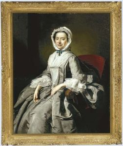 Portrait Of A Lady, Three-quarter Length, Seated In A Grey Silk Dress And White Bonnet by Thomas Hudson