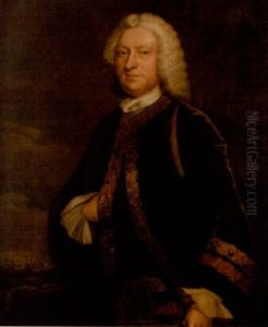Portrait Of A Gentleman In A Brown Velvet Coat Trimmed With Gold, A Naval Batle Beyond
