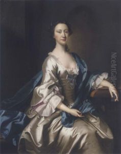 Portrait Of A Lady, Seated, Wearing A Cream Dress With A Blue Cloak, Her Left Arm Resting On A Table Portrait Of A Lady, Seated, Wearing A Cream Dress With A Blue Cloak, Her Left Arm Resting On A Table