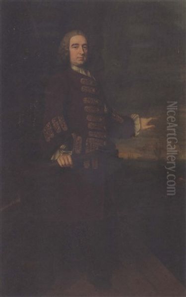 Portrait Of Vice-admiral Edward Vernon, In A Brown Dress Coat With Gold Braid, Holding A Telescope With A Cannon To The Side by Thomas Hudson