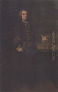 Portrait Of Vice-admiral Edward Vernon, In A Brown Dress Coat With Gold Braid, Holding A Telescope With A Cannon To The Side by Thomas Hudson
