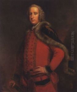 Portrait Of An Officer In A Scarlet Frock Coat With A Blue, Fur-lined Cloak, His Hand Resting On A Sword