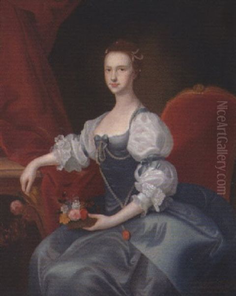 Portrait Of Catherine Stanhope, Wife Of Edwyn Francis Stanhope Of Stanwell In A Blue Dress With White Sleeves, Holding A Basket Of Flowers In Her Left Hand - view 1