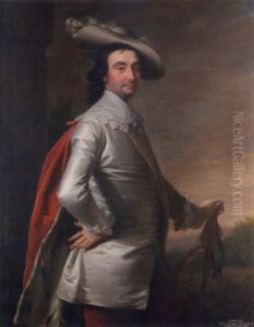 Portrait Of Charles, 3rd Viscount Townshend, Standing In A White Coat With A Lace Collar, And A Red Fur-lined Cloak, With A White Plumed Hat by Thomas Hudson