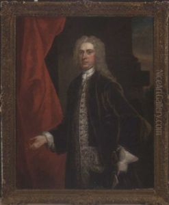 Portrait Of A Gentleman In A Brown Coat, A Tricorn Under His Arm, Resting His Hand On A Sword