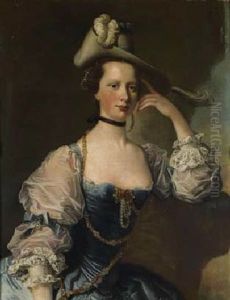 Portrait Of Ellen, Lady Wrey, Seated In A Blue Dress With White Sleeves, Decorated With Lace, Pearls And Jewels, In A Plumed Hat